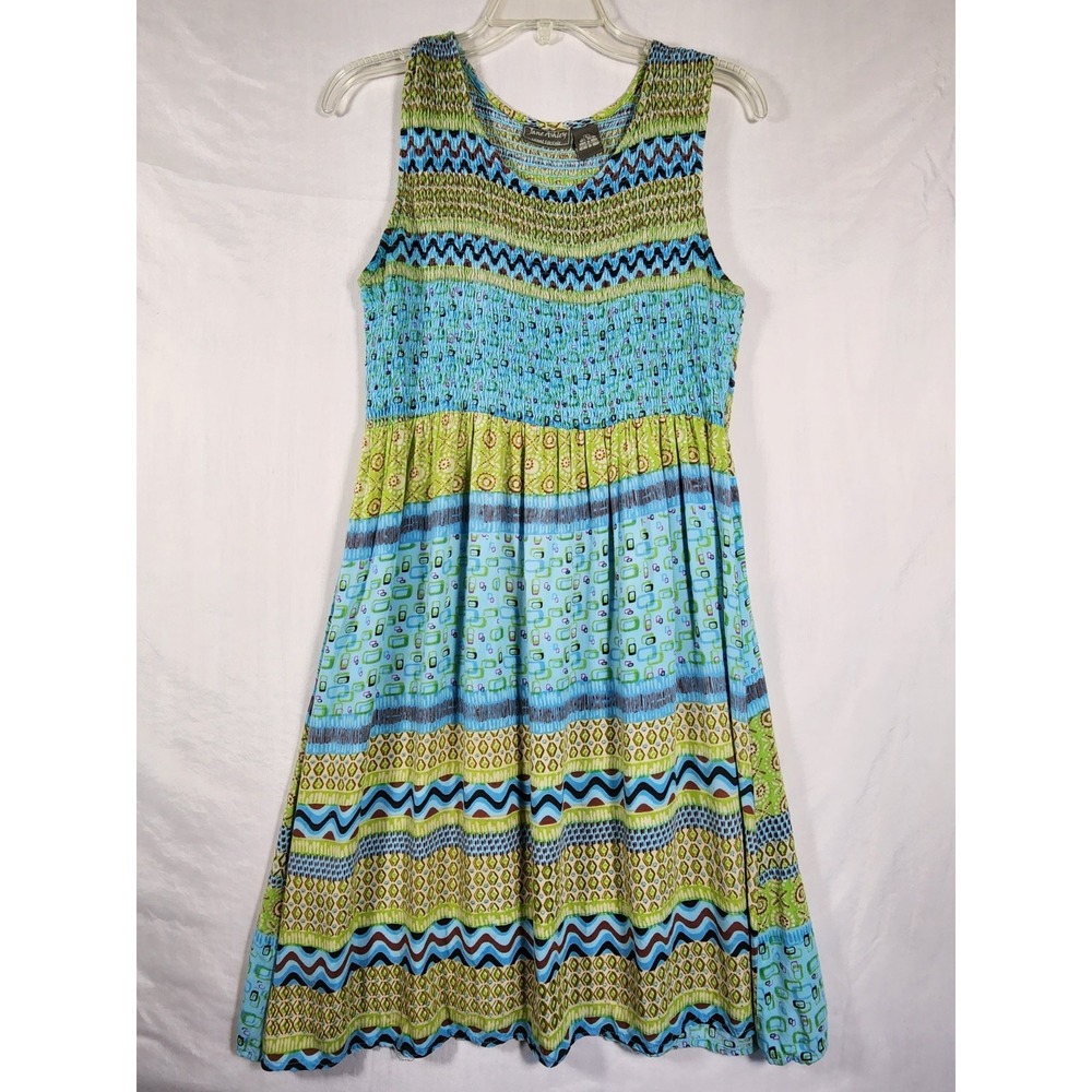 VTG 90s Y2K Womens Jane Ashley Large Blue Green Geometric Dress Smocked Boho